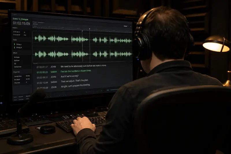 Audio engineer wearing headphones editing spoken dialogue at a studio workstation